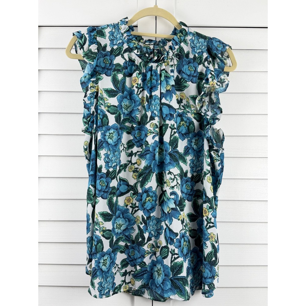 LOFT Floral Blouse Women XXL Blue Ruffle Sleeve Shell Top